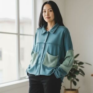 POL Boho Patchwork Button Down Top Jacket Green Textured Waffle Pockets M Boho